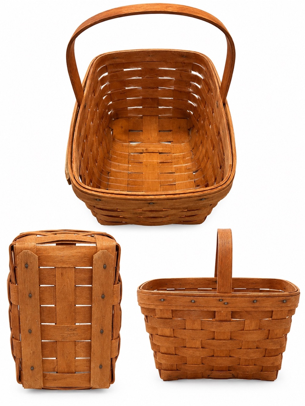 Handwoven Wood Market Basket in Brown with Handle